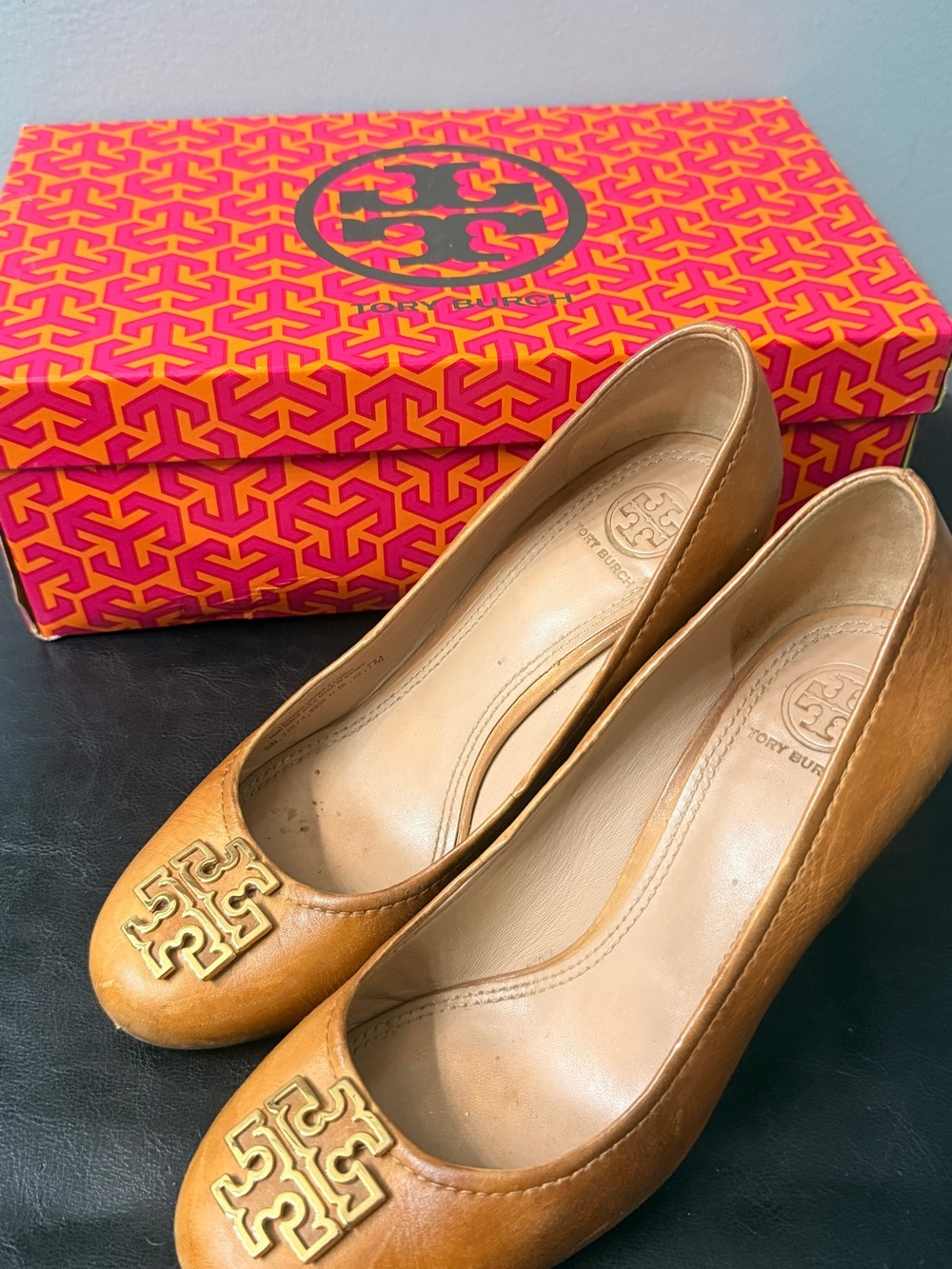 Tory Burch Tan Leather Heels with Gold Logo Plaques